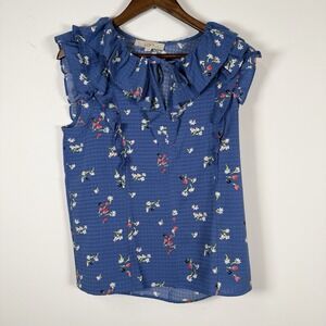Loft Sleeveless Blouse Tank Blue Floral Ruffle Women's Small Career